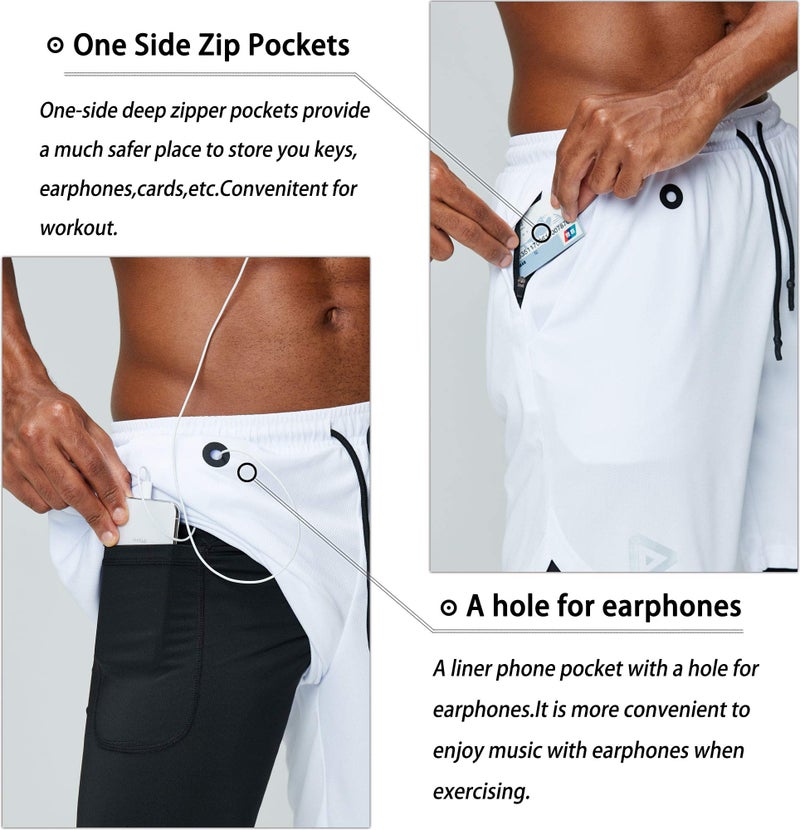 Pinkbomb Men's 2 in 1 Running Shorts Gym Workout Quick Dry Mens Shorts with Phone Pocket (White, Large) - Image 2